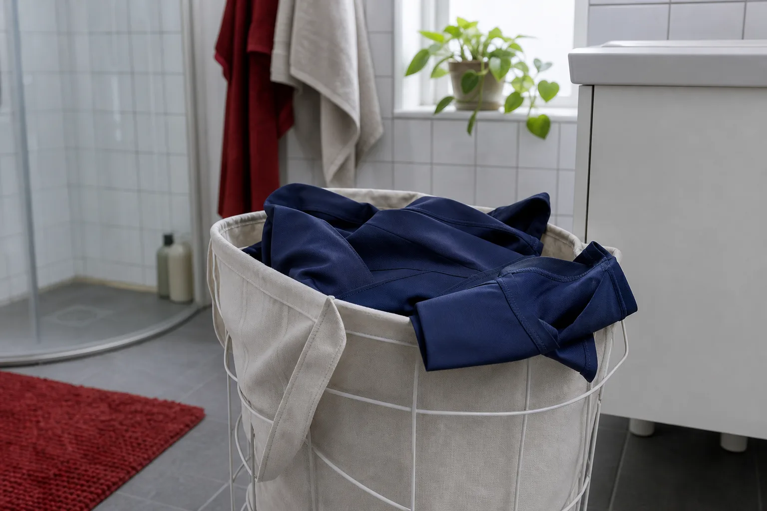 Marinblå tights i tvättkorg i badrum