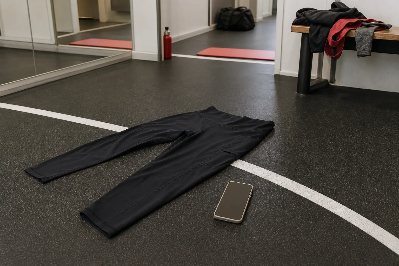 Svarta tights med sidoficka och mobil på matta