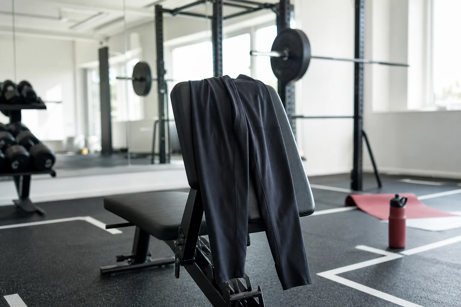 Svarta tights över en gymbänk