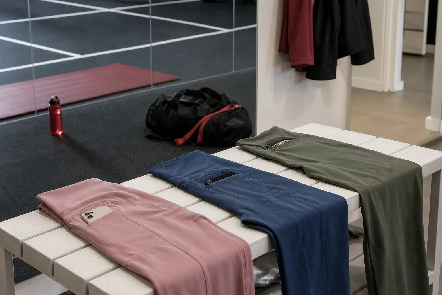 Tights med tre olika fickplaceringar på bänk