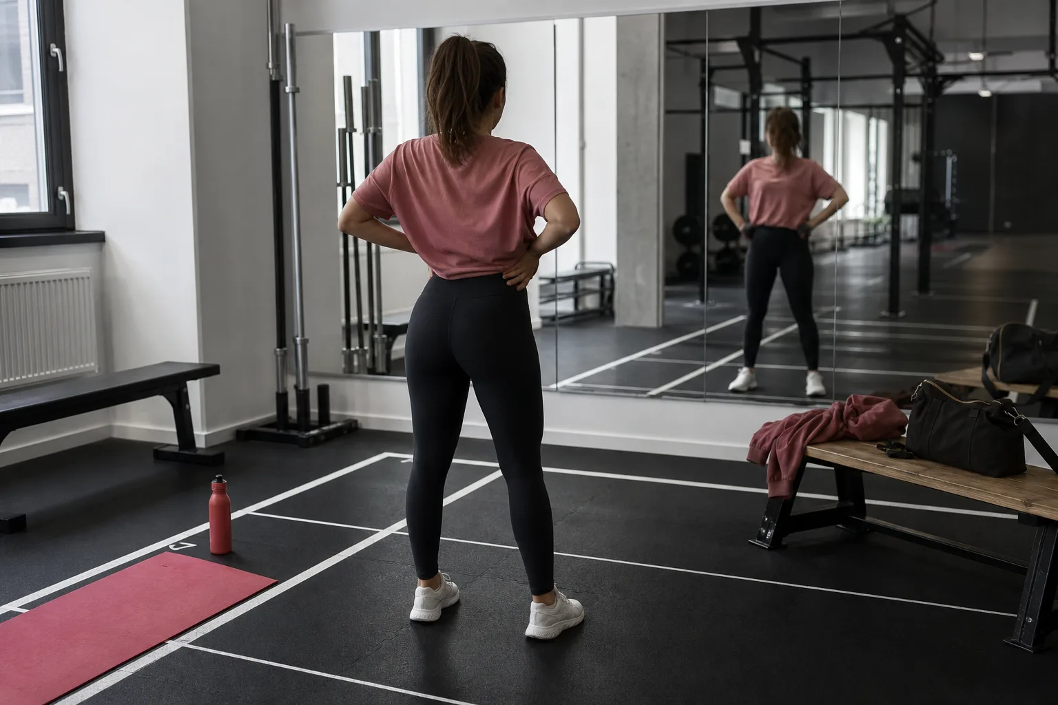 Person bakifrån i mörka tights vid gymspegel