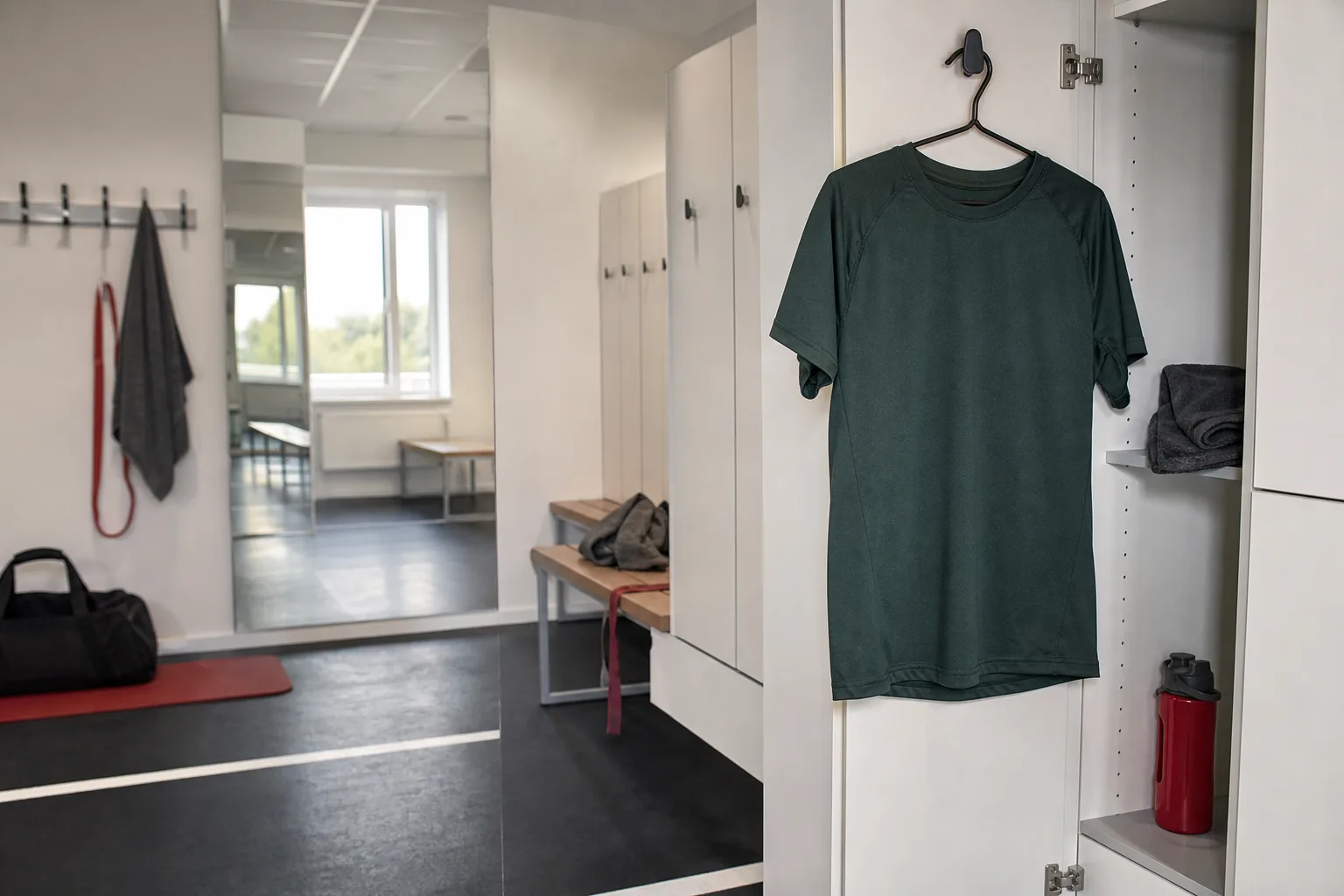 Mörkgrön träningst-shirt vid omklädningsskåp