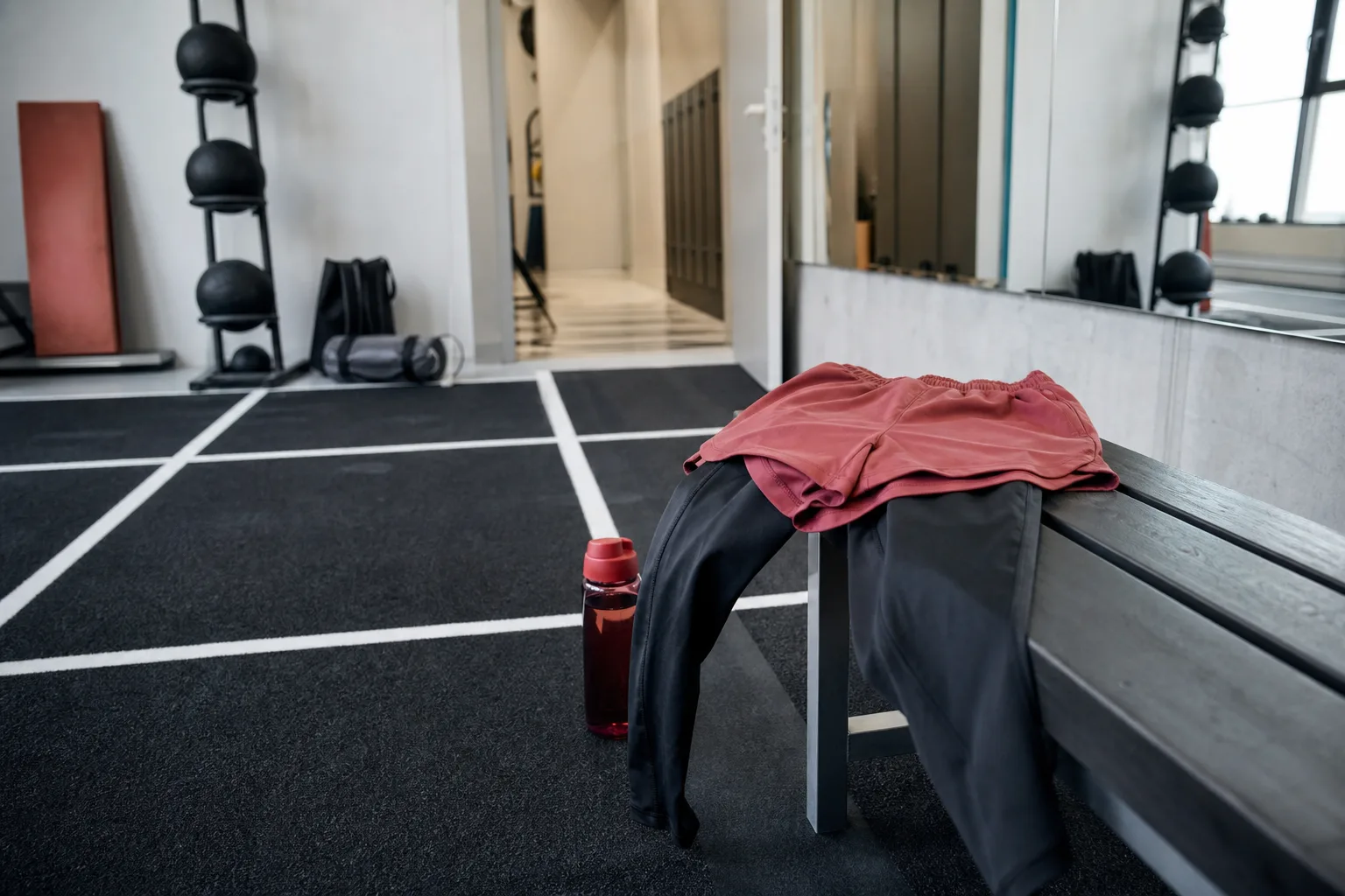 Träningstights under shorts på gymbänk
