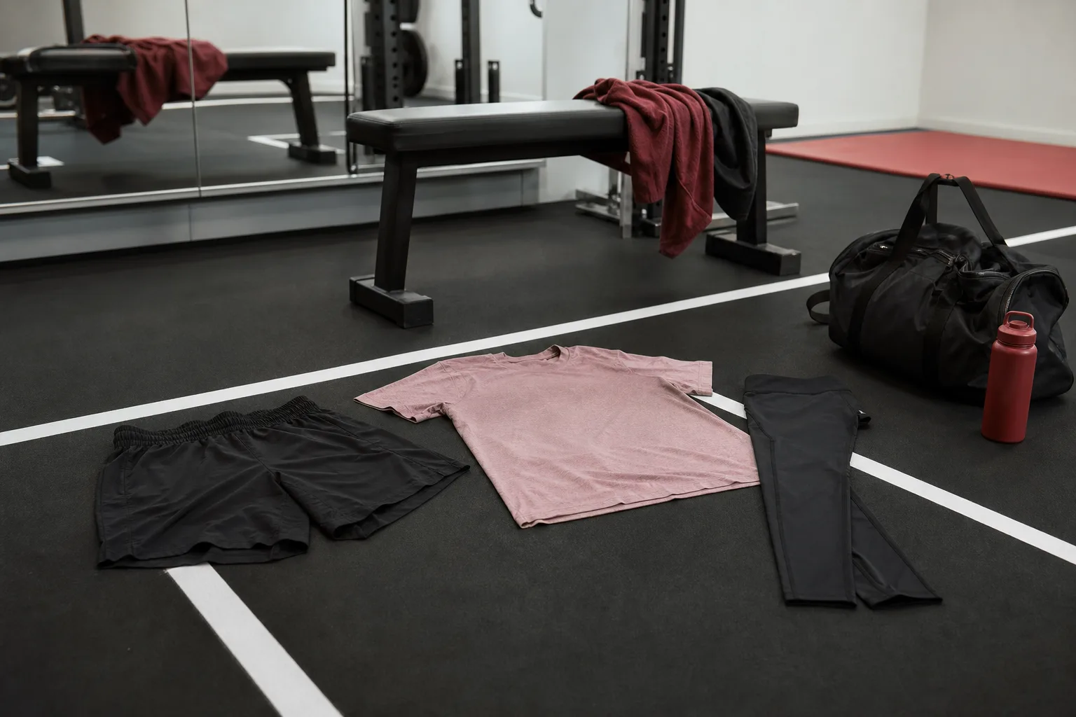 Herrshorts, t-shirt och tights på gymmatta