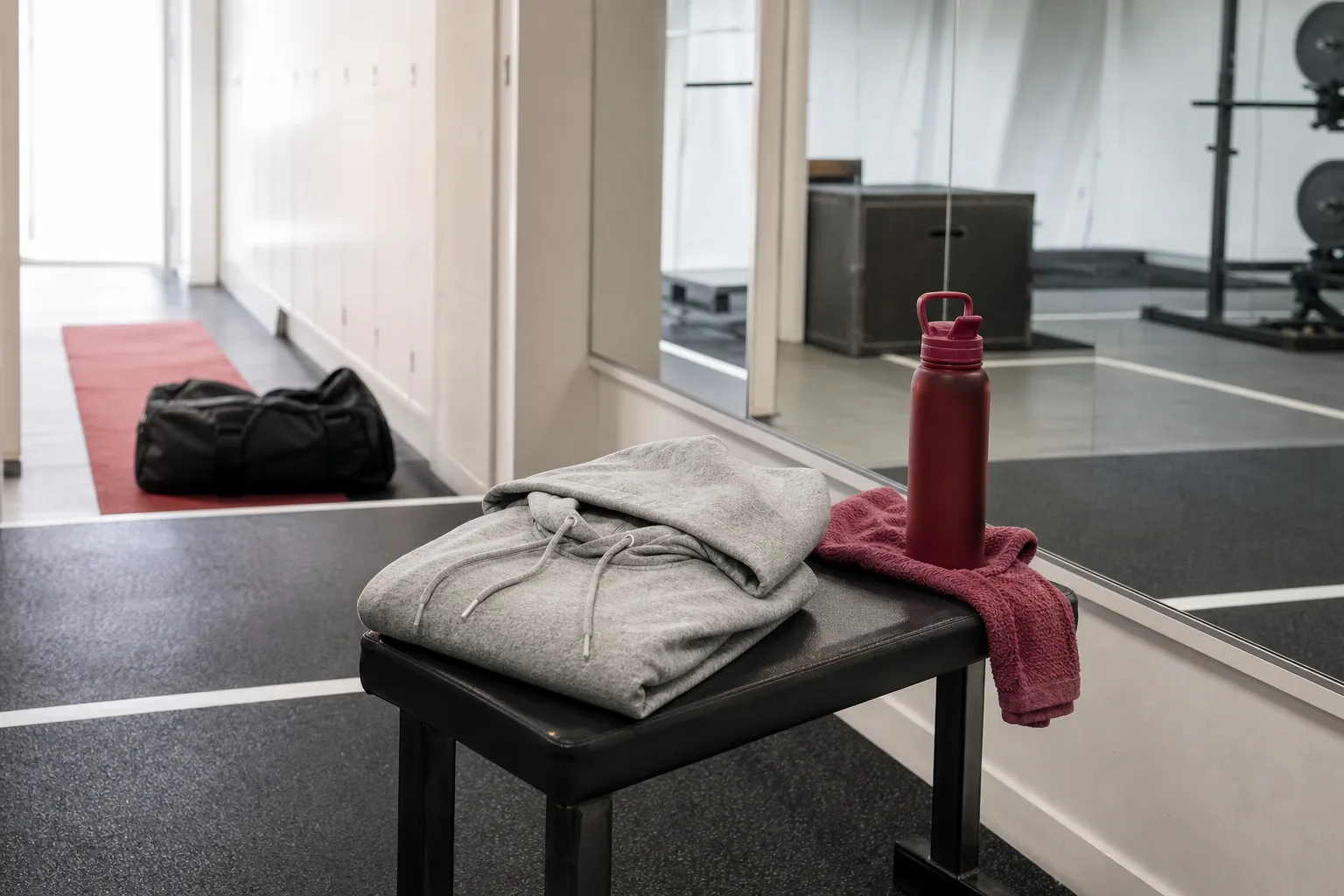 Grå hoodie på gymbänk