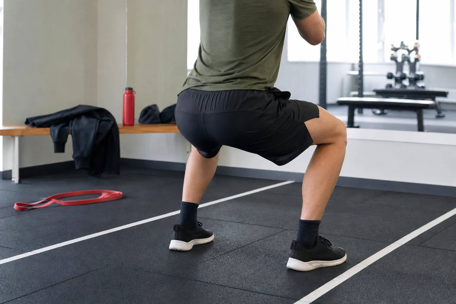 Person bakifrån i mörka shorts på gymmatta