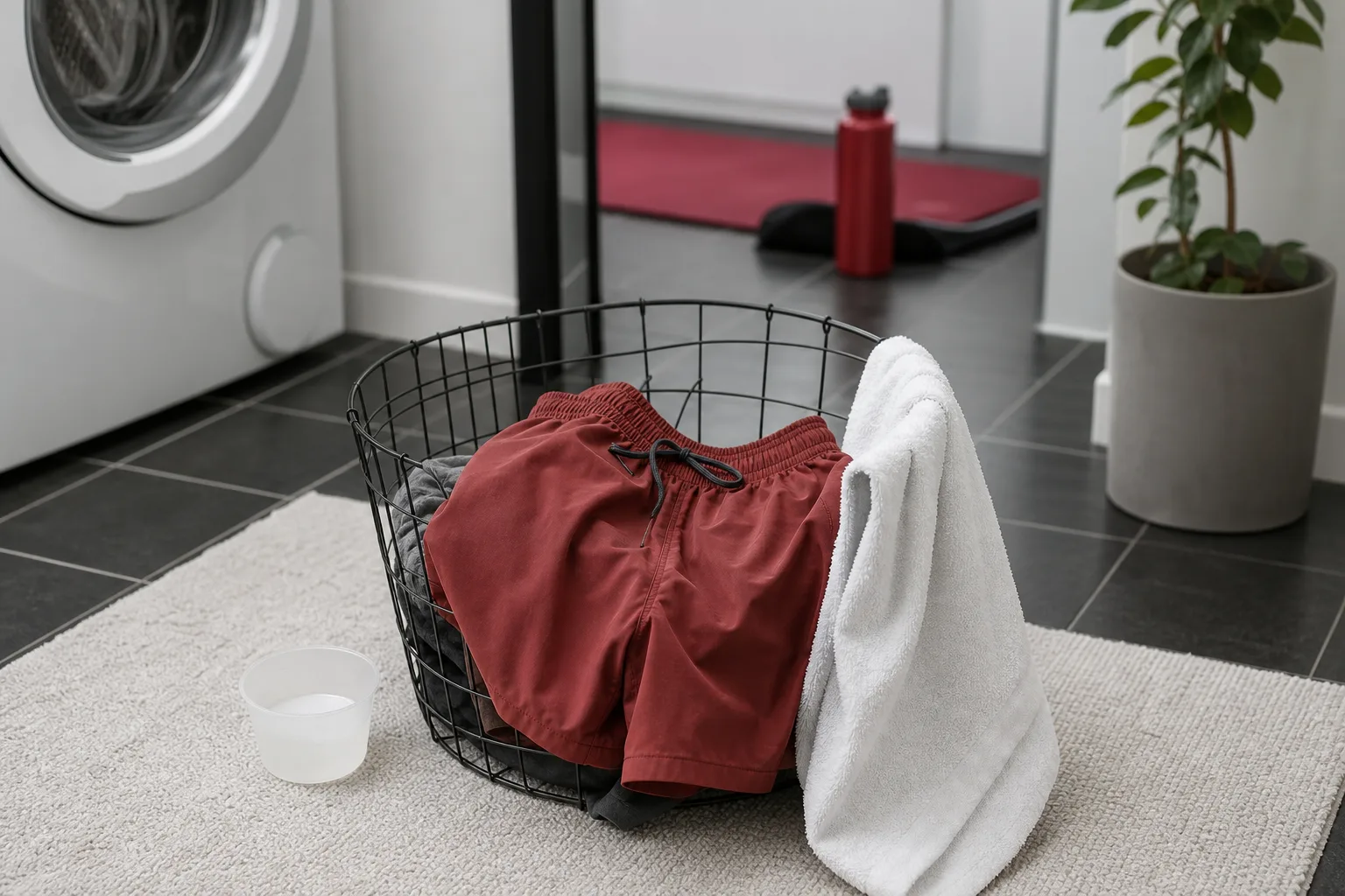 Träningsshorts i tvättkorg bredvid vit handduk