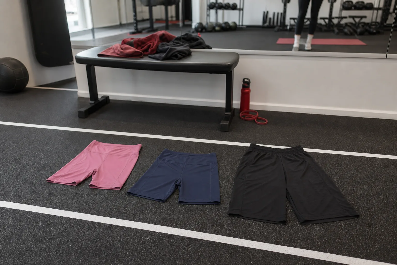 Olika träningsshorts på svart gummimatta