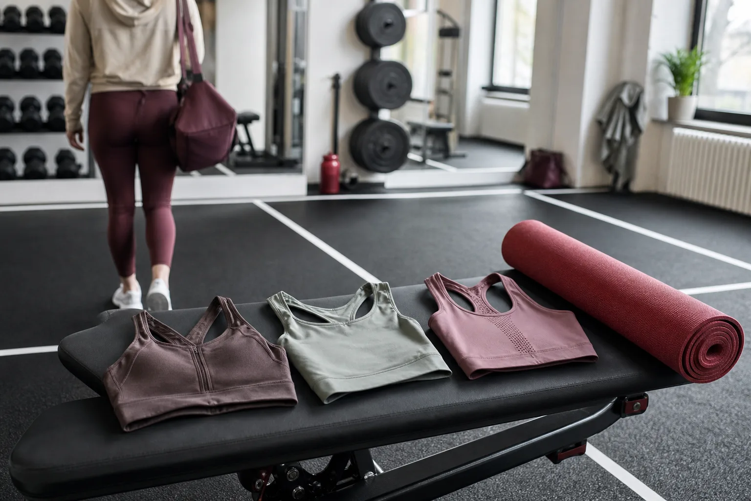 Tre sport-bh:ar med olika konstruktion på bänk