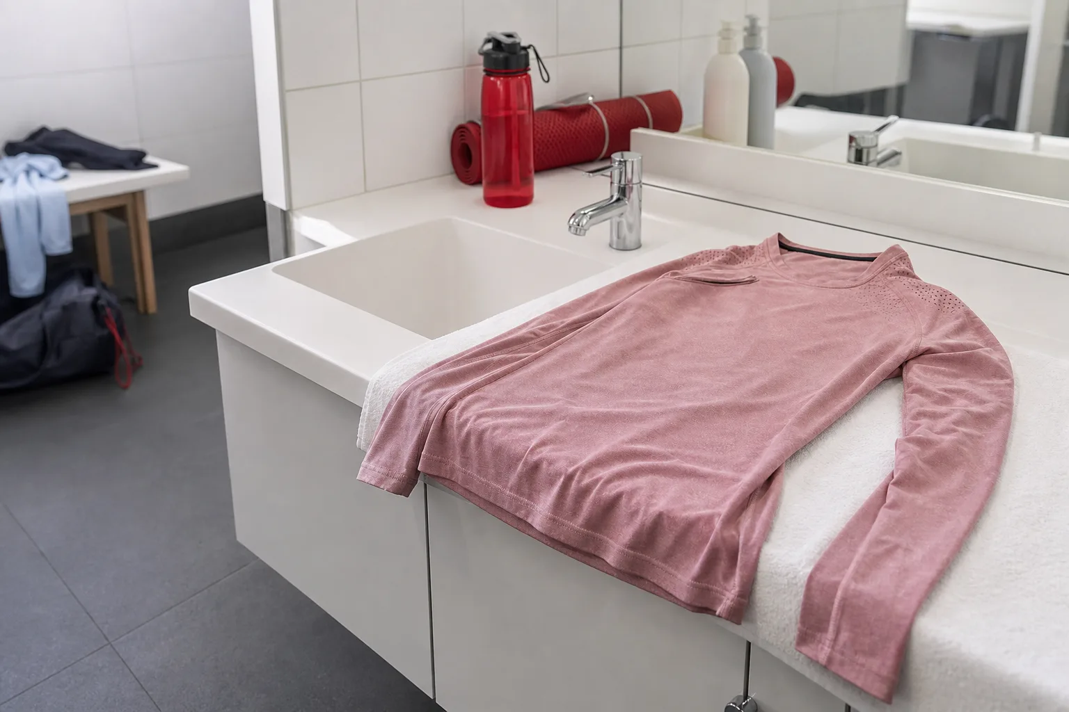 Mjuk träningströja på vit handduk vid tvättställ