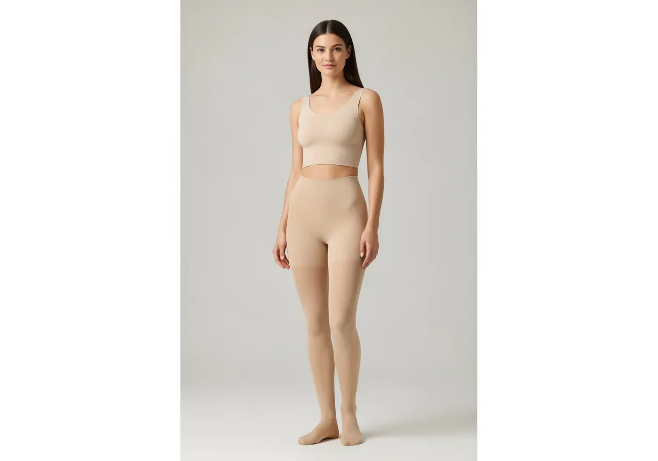 Beiga sömlösa tights för dam har hon på sig
