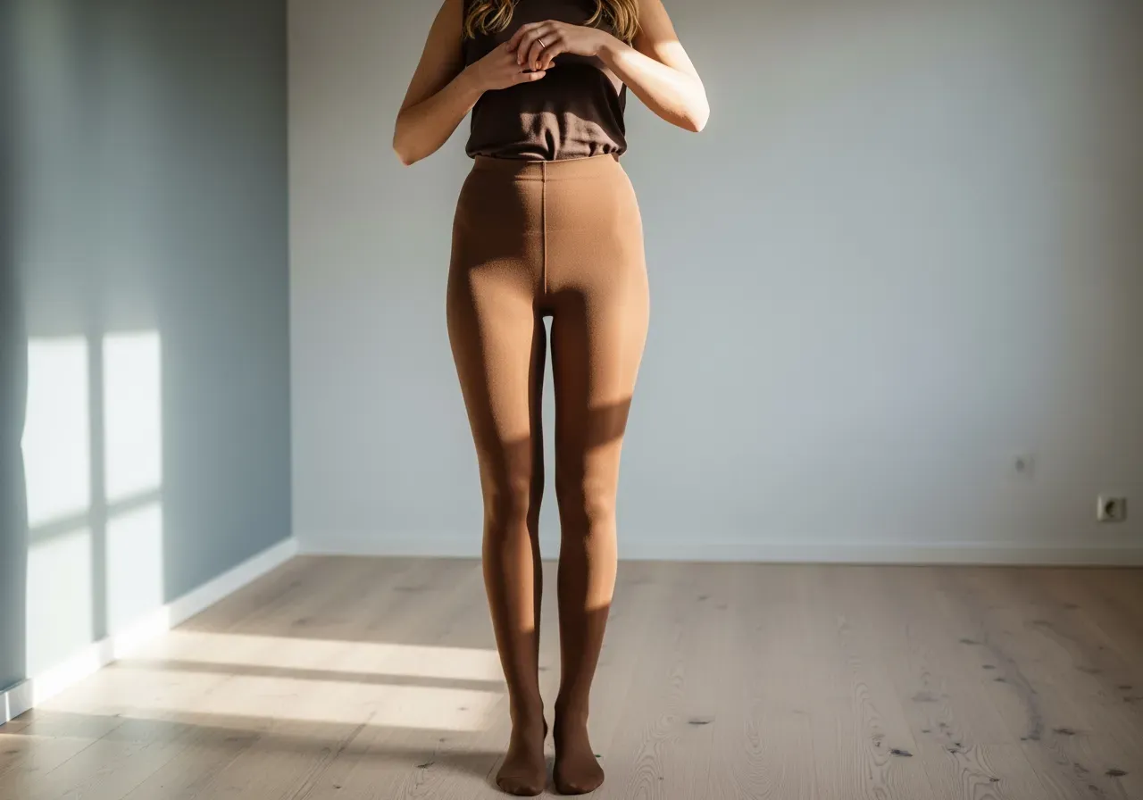 Bruna sömlösa tights för dam har hon på sig