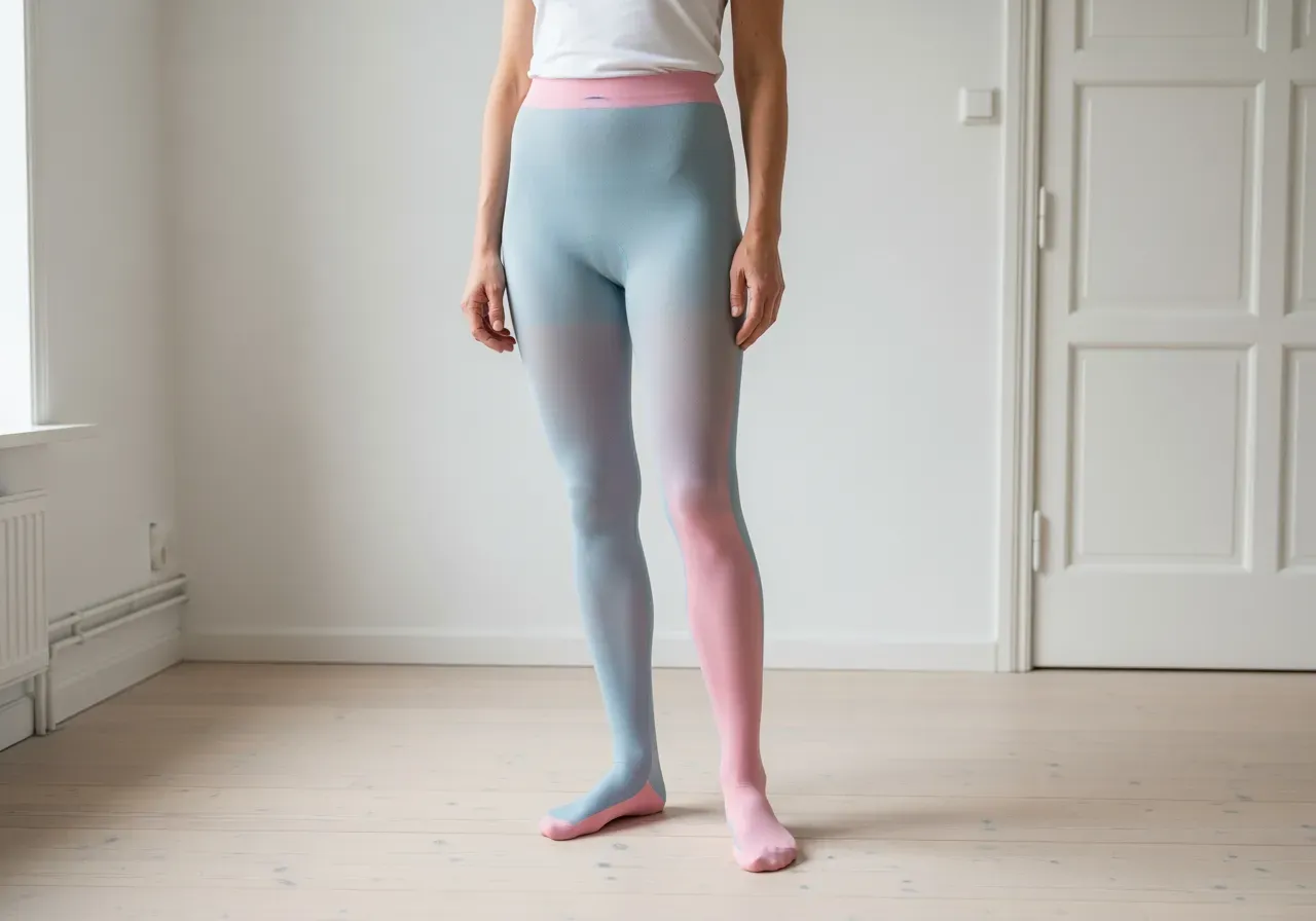 Sömlösa tights i ljusblått och rosa har hon på sig