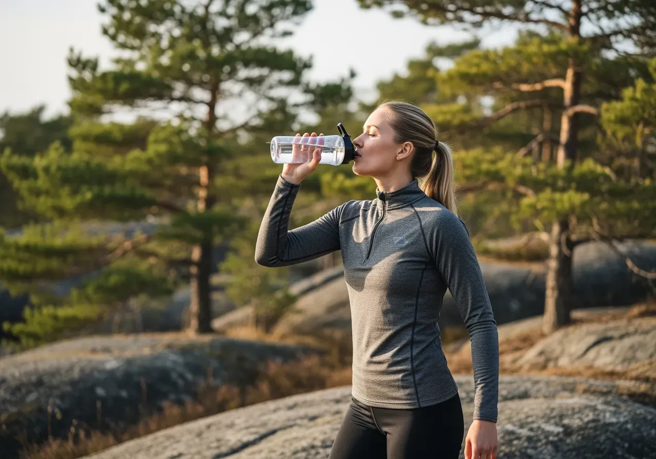 Hon tränar och dricker vatten från en sportflaska