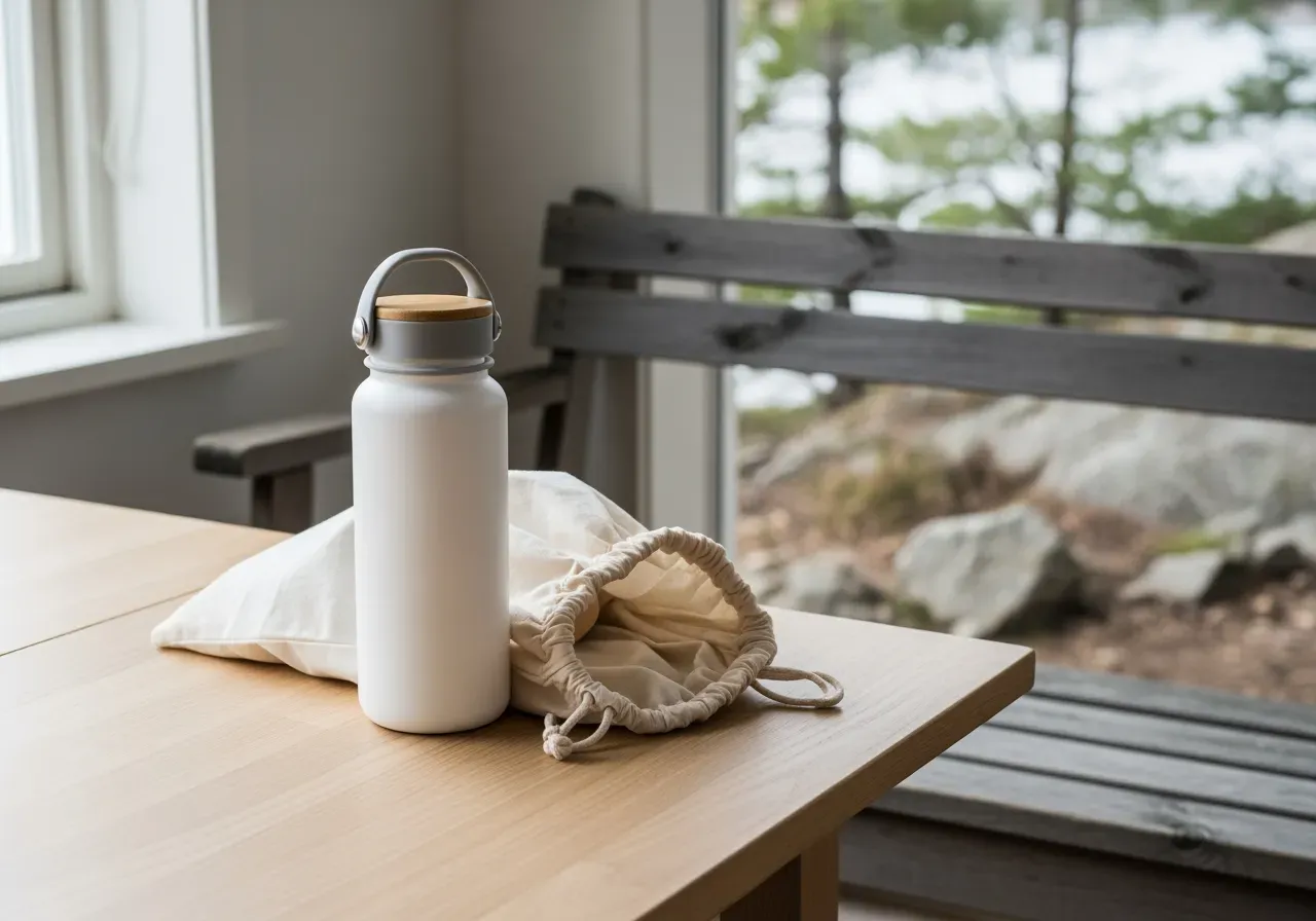 Hållbara vanor med sportflaska och tygpåse