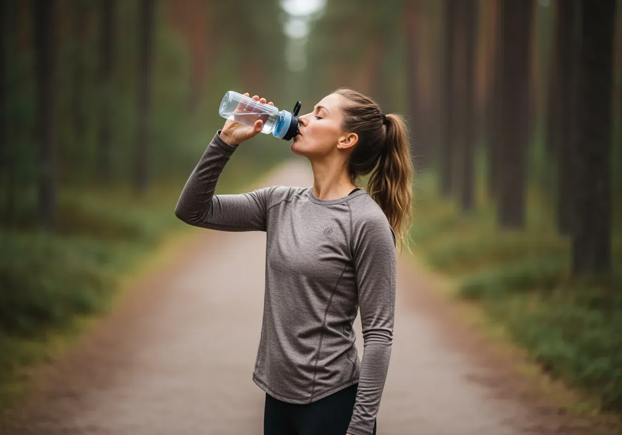 Hon tränar och dricker vatten från en sportflaska