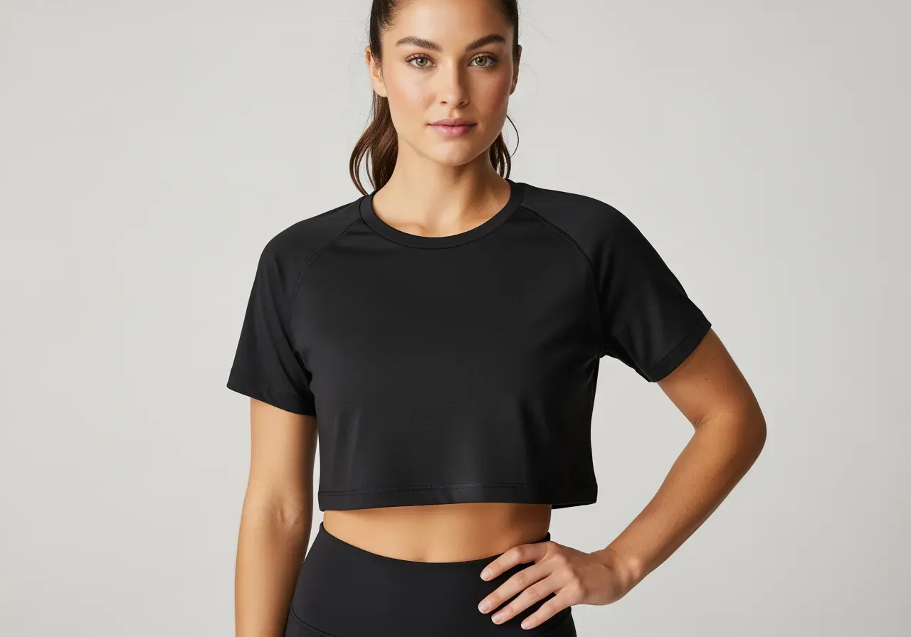 Kort träningströja har hon på sig