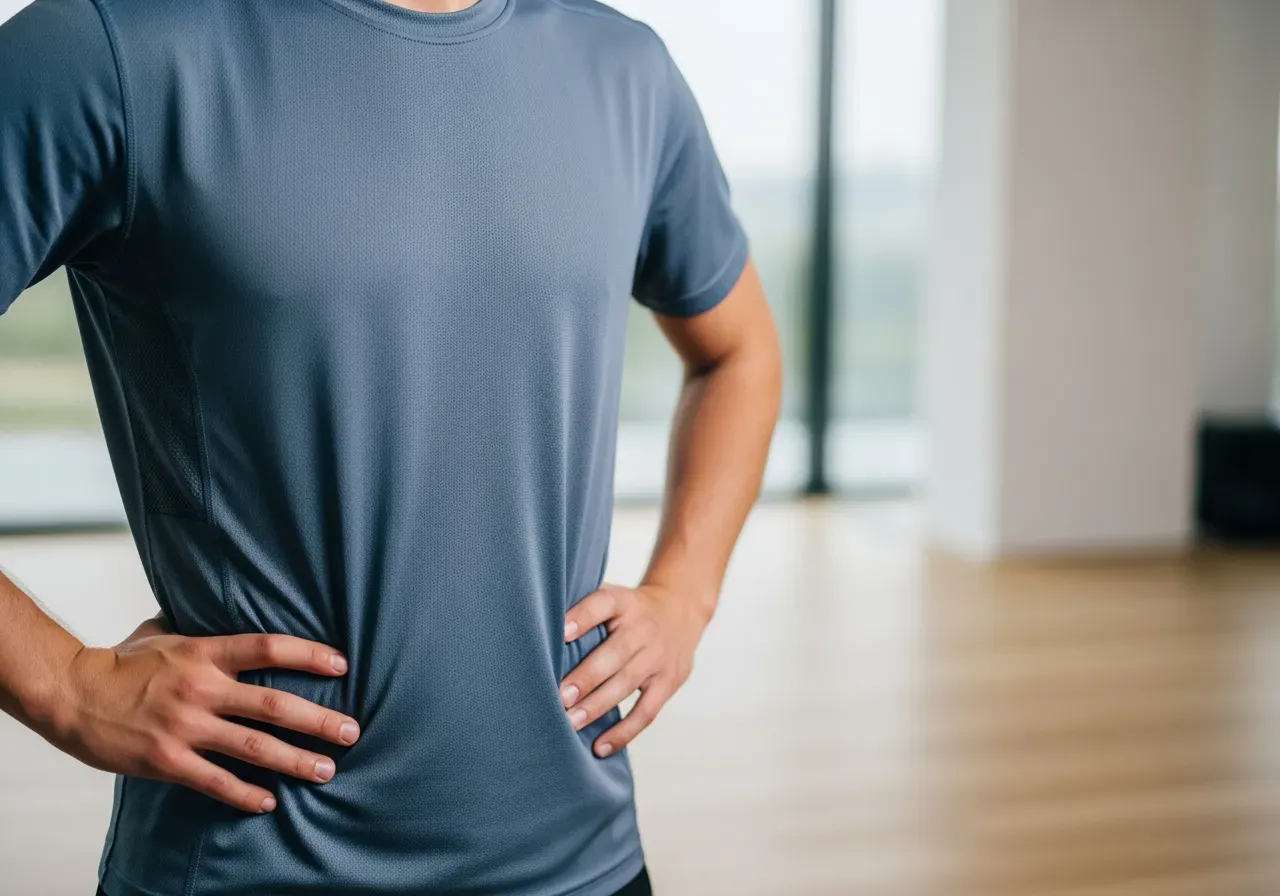 Kort träningströja har hon på sig