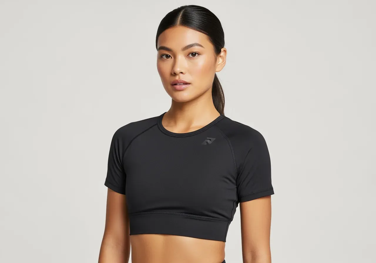 Kort träningströja har hon på sig