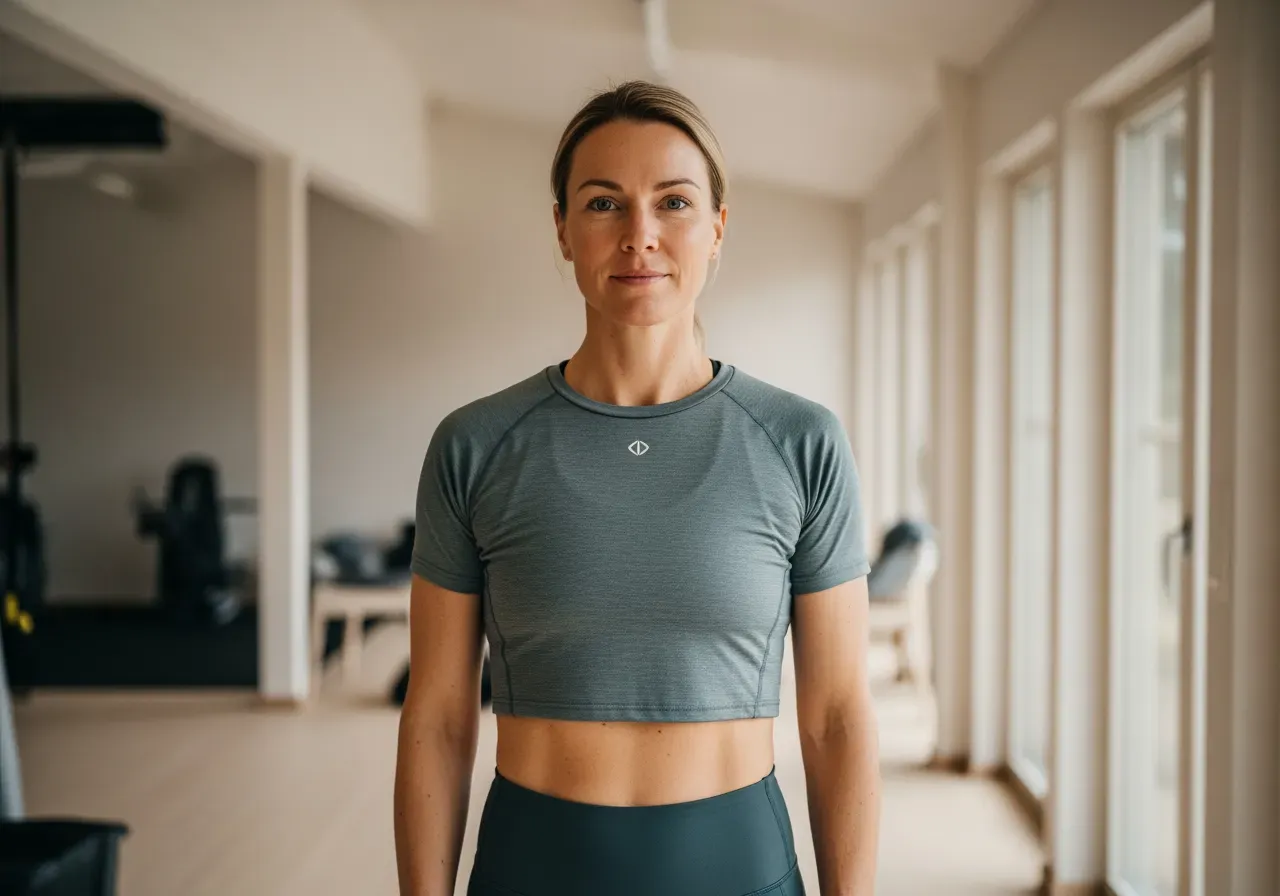 Kort träningströja har hon på sig