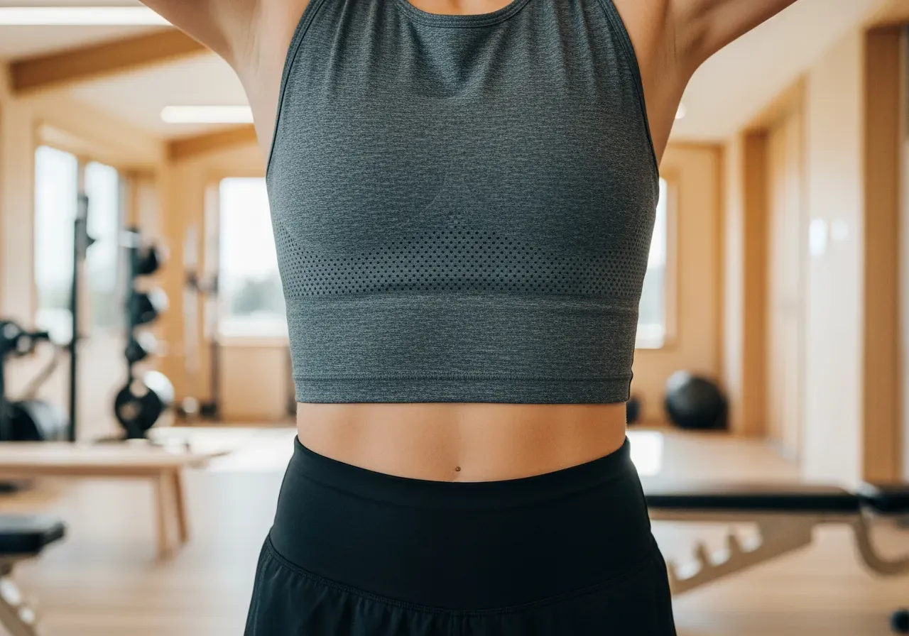 Kort träningströja har hon på sig