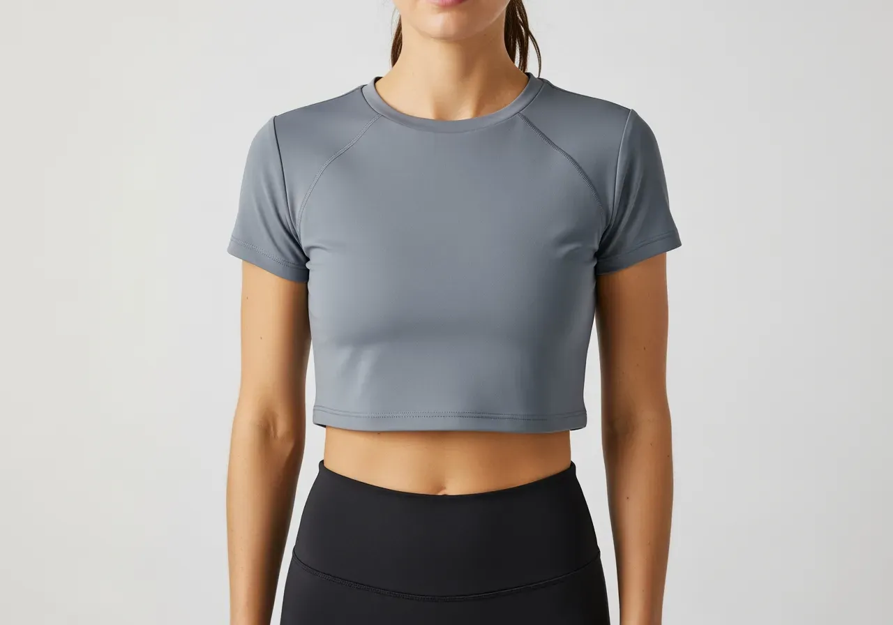 Kort träningströja har hon på sig